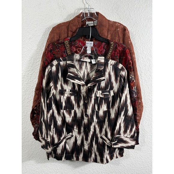 Chico's Tops - Chicos Womens Lot of 3 Tops Size 0 Linen Ikat Jacket Sequin Tunic Brown Blouse